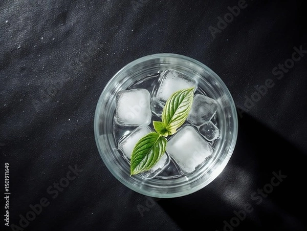 Obraz Refreshing drink with ice cubes and mint leaves in glass  