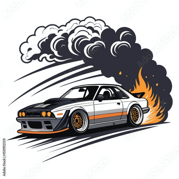 Obraz Design a vector logo for a drift racing team featuring a flaming tire skidding around a sharp corner.  The style should be aggressive and dynamic.