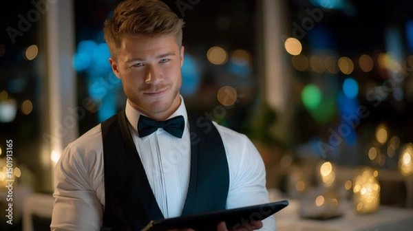 Fototapeta A waiter serving in soft ambient light