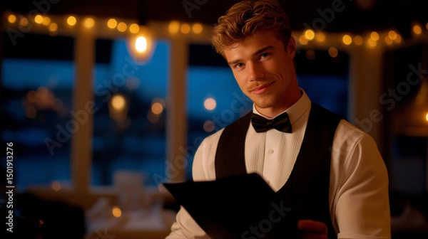 Fototapeta A waiter serving under warm overhead lights