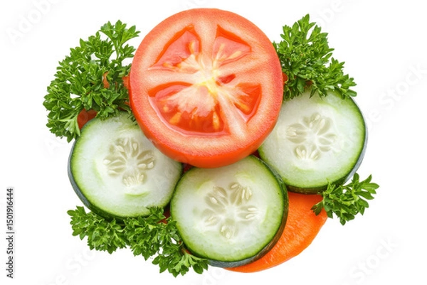 Obraz Vibrant veggie medley A tomato slice tops cucumbers carrot  parsley against a white background