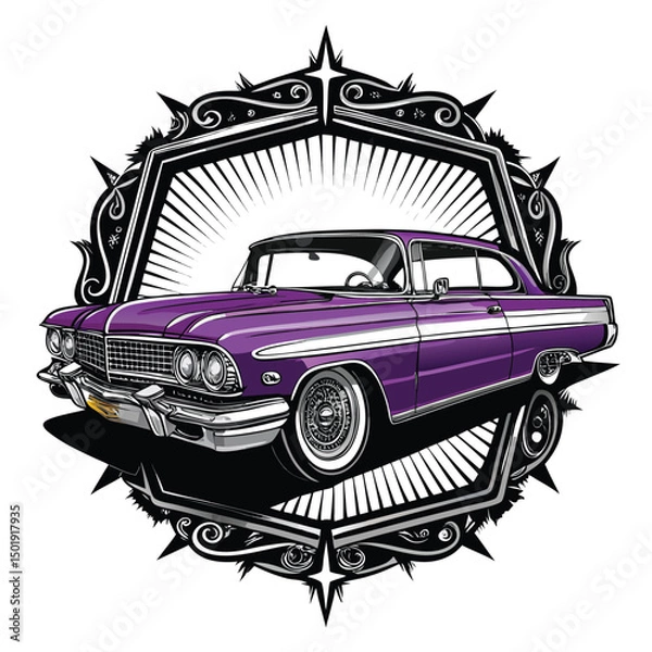 Obraz Design a vibrant lowrider car crest featuring gleaming chrome details, sparkling accents, and a bold, stylized design.  Include intricate flourishes.