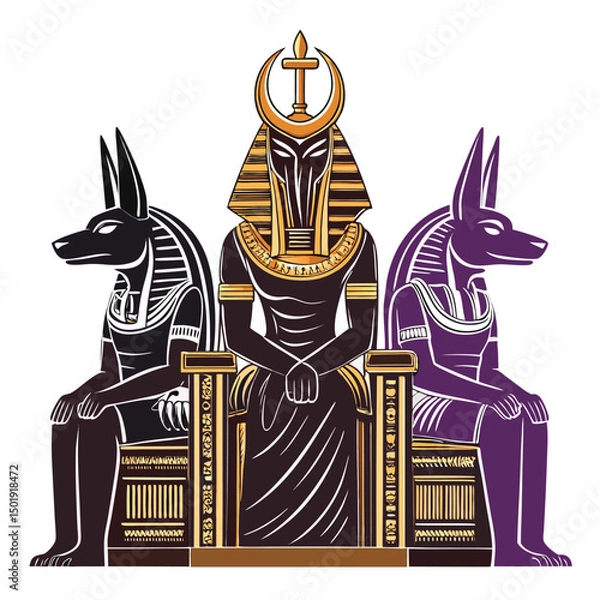 Obraz Design a majestic throne crest featuring Osiris, Isis, and Horus, depicted in stylized ancient Egyptian art, incorporating hieroglyphs and symbolic elements.