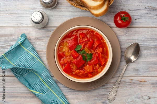 Fototapeta Traditional Hungarian dish lecho or Lecso or Letscho. Stew with peppers, tomatoes and onions in bowl on wooden background.
