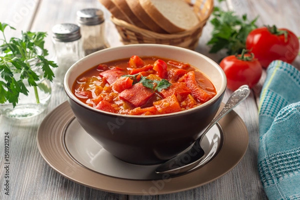 Fototapeta Traditional Hungarian dish lecho or Lecso or Letscho. Stew with peppers, tomatoes and onions in bowl on wooden background.