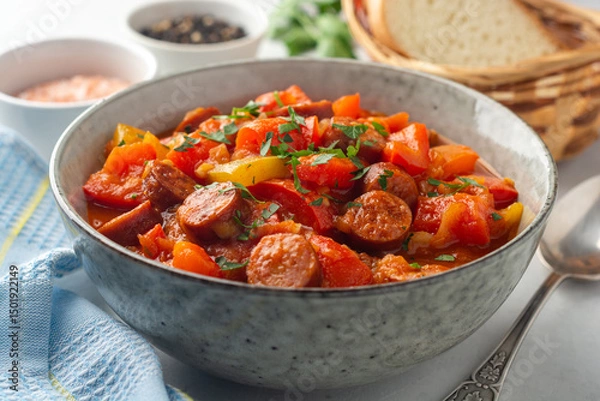 Fototapeta Traditional Hungarian dish Lecho or Lecso or Letscho. Stew with peppers, tomatoes, onions and sausages in bowl on concrete background.