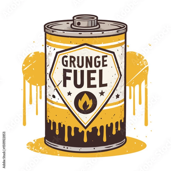 Obraz Design a retro-style oil can emblem featuring distressed "fuel" text, a leaking oil drop, and grunge aesthetic.  Include metallic sheen.