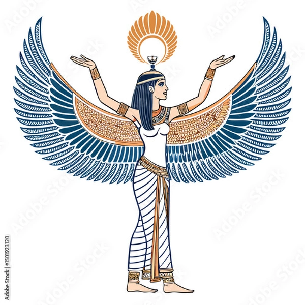 Obraz A majestic Isis, goddess of magic, with large, iridescent wings, in a ceremonial pose, radiating a divine glow.  Intricate headdress and flowing robes.