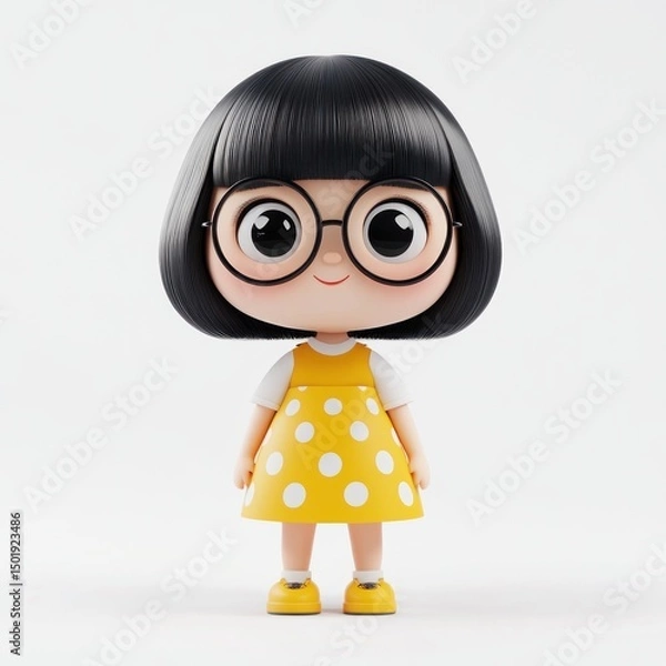 Obraz 3D girl with a bob haircut, wearing glasses, dressed in a yellow skirt with white polka dots Minimalist white background