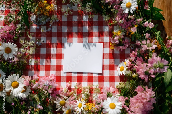Fototapeta Blank card on red and white checkered tablecloth surrounded by colorful flowers and green leaves