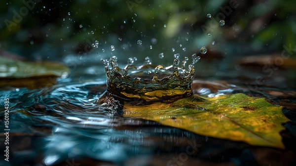 Fototapeta Water droplet impact forming a crown shape on a leaf in a puddle in a forest scene