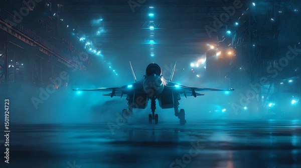Fototapeta A fighter jet sits on a runway at night illuminated by bright blue lights in a hangar setting
