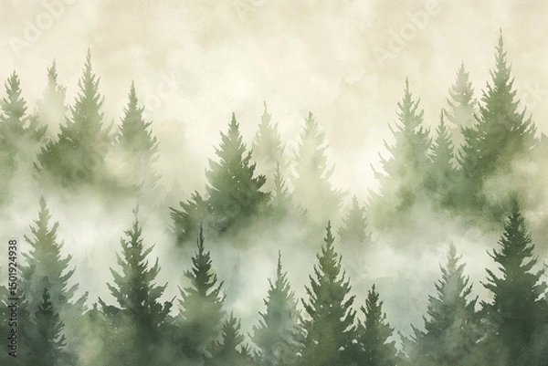 Fototapeta beautifully crafted watercolor painting of a foggy forest landscape. It captures a serene and ethereal atmosphere, emphasizing the interplay between nature and mist.