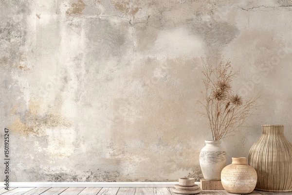 Fototapeta minimalist and rustic interior design setup, This setup could be used as inspiration for interior design projects, particularly in minimalist, bohemian, or rustic styles