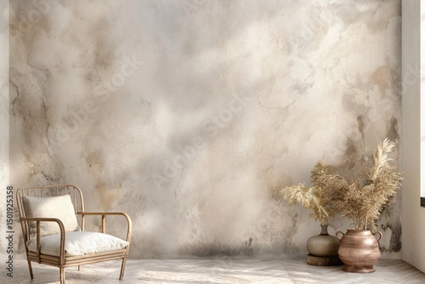 Fototapeta minimalist and rustic interior design setup, This setup could be used as inspiration for interior design projects, particularly in minimalist, bohemian, or rustic styles