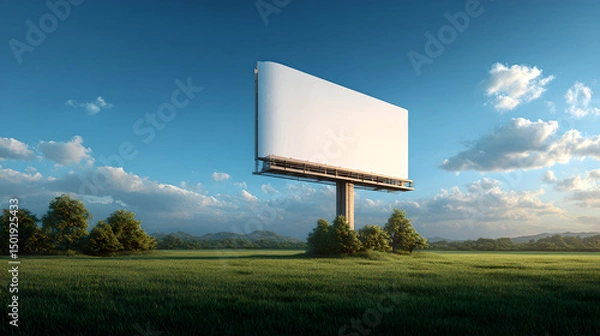 Fototapeta A billboard stands tall in a green field under a blue sky with scattered clouds on a sunny day