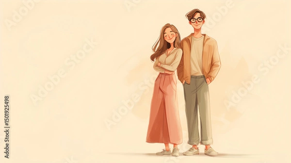 Fototapeta charming digital illustration featuring a warm, pastel-toned aesthetic. It portrays a young couple standing side by side in a relaxed and casual pose.