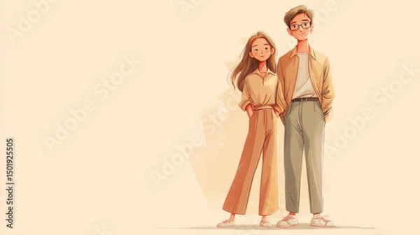 Fototapeta charming digital illustration featuring a warm, pastel-toned aesthetic. It portrays a young couple standing side by side in a relaxed and casual pose.