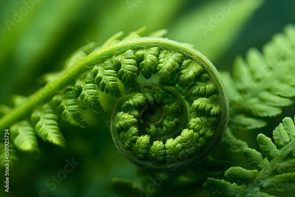 Fototapeta Close up shot of a vibrant green fern frond unfurling in a spiral pattern with blurred background