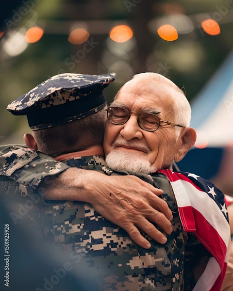 Fototapeta A soldier hugging an elderly man with glasses and an american flag draped over his shoulders outside
