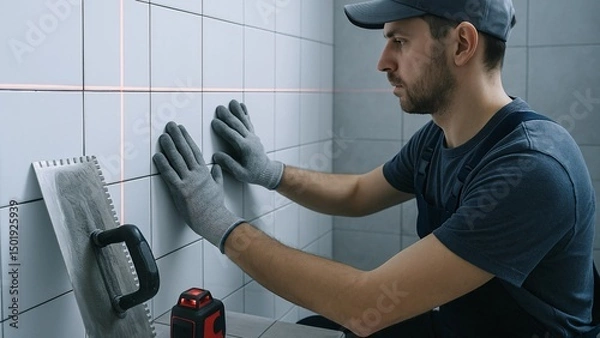 Fototapeta Professional tiler placing ceramic tiles on a bathroom wall, using a laser level for alignment and applying adhesive with a notched trowel, showcasing precision and skill