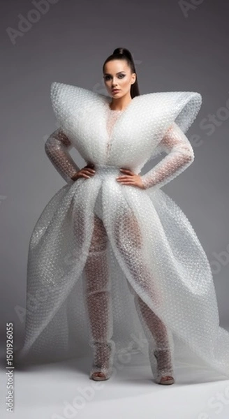 Obraz Creative fashion portrait of a woman wearing an elaborate gown, cape, and headpiece made entirely from clear white bubble wrap. The conceptual outfit showcases a unique blend of recycling, avant-garde