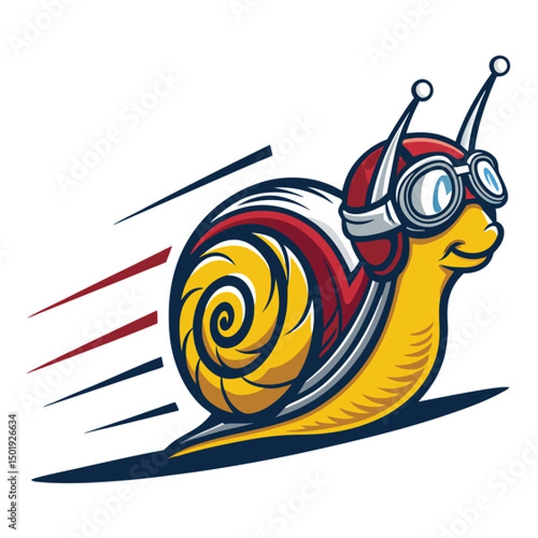 Obraz Design a vibrant logo featuring a cartoon snail wearing racing goggles,  a turbocharged shell, and the letters "SP".  Focus on speed and energy.