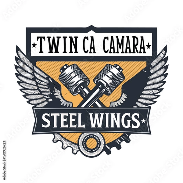 Obraz Design a vintage-style twin camshaft badge featuring steel wings flanking a stylized 'F', evoking speed and power.  High-resolution, detailed rendering.