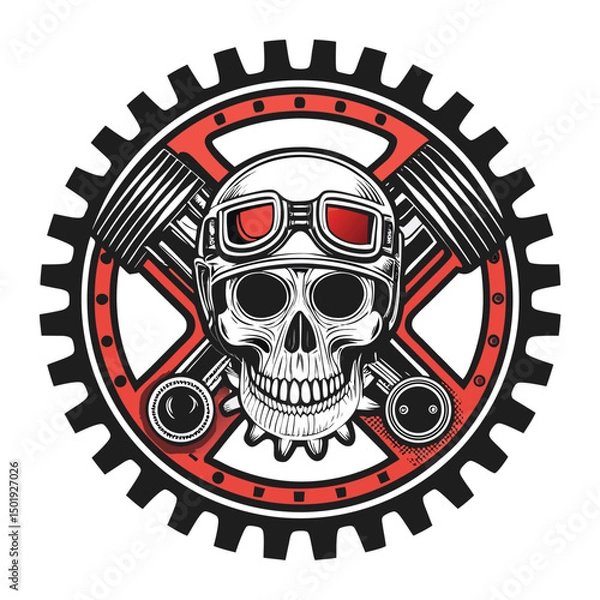 Obraz Design a V8 engine badge featuring a skull within a gear frame, emphasizing speed and power.  Stylize for a high-performance automotive application.