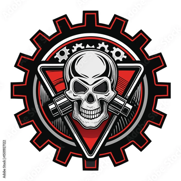 Fototapeta Design a V8 engine badge featuring a skull within a gear frame, emphasizing a powerful and aggressive aesthetic.  High-resolution, detailed vector art.