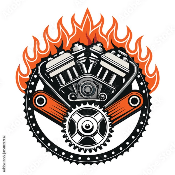 Obraz Design a V8 engine crest featuring vintage flames, a bold chain, and a classic, powerful aesthetic.  High-resolution, detailed artwork required.