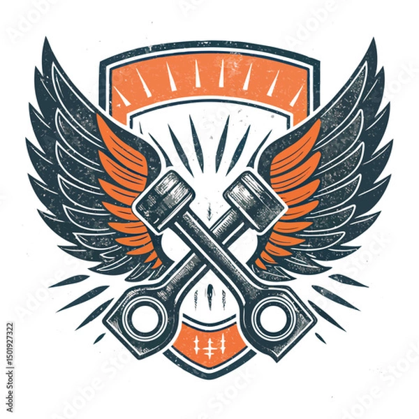 Obraz Design a vintage garage emblem featuring piston wings, incorporating a grunge aesthetic.  The emblem should evoke a sense of classic automotive power and repair.