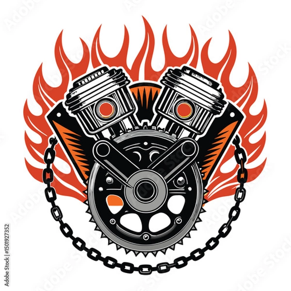 Obraz Design a vibrant V8 engine crest featuring vintage flames, a bold chain wrapped around it, and a gritty, metallic texture.