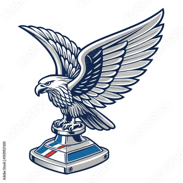 Obraz Create a vector illustration of a vintage car hood ornament featuring an eagle's wing badge, emphasizing detailed feather texture and metallic sheen.  Style should be classic and elegant.