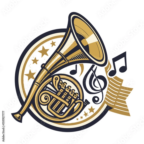 Obraz Design a vintage logo featuring a brass-textured French horn with a stylized musical "N" incorporated.  Aim for a classic, elegant feel.