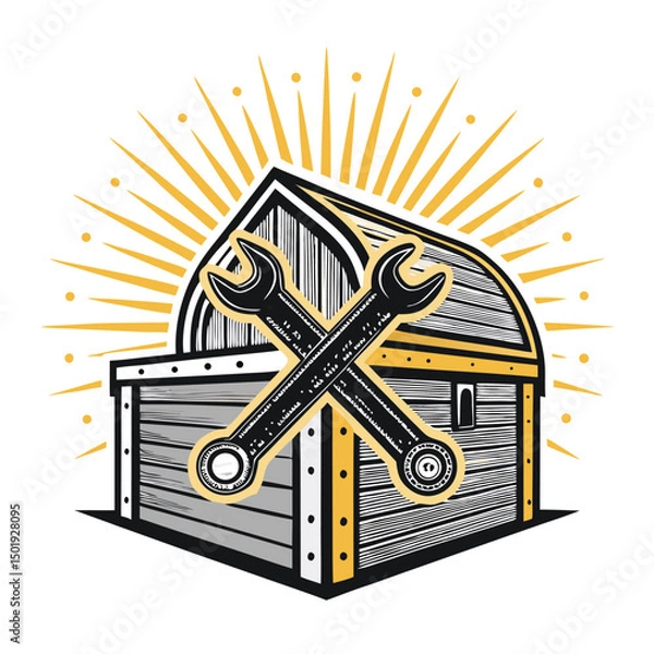 Obraz Design a vintage-style logo featuring a tool chest, a wrench forming a halo above it, and a garage backdrop.  The style should evoke nostalgia and craftsmanship.