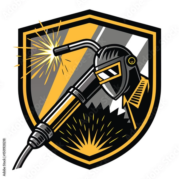 Obraz Design a vector logo a powerful welding torch emitting sparks, incorporating a heavy industrial aesthetic.  Emphasis on strong lines and bold colors.