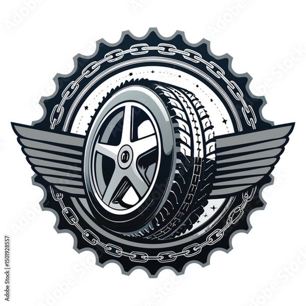 Fototapeta Create a striking image of a heavily worn tire with a bold, chain-link badge affixed, emphasizing grunge texture and a strong, graphic style.