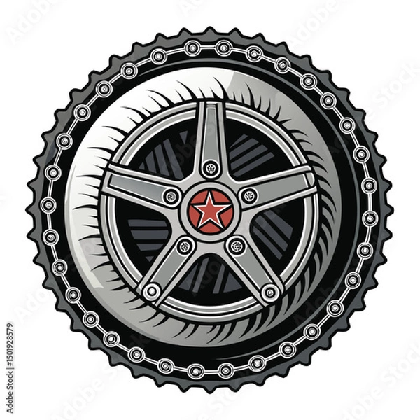 Obraz Create a gritty, detailed illustration of a worn-out tire and a heavy-duty chain forming a badge, emphasized by a bold stroke.