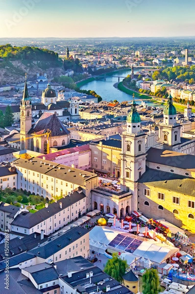 Obraz Aerial view of the historic city of Salzburg in beautiful evenin