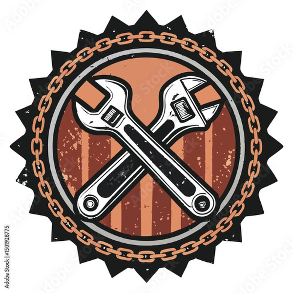 Obraz Design a distressed metal badge featuring a wrench and chain intertwined, emphasizing a rugged, industrial aesthetic.  Include rivets and scratches for detail.