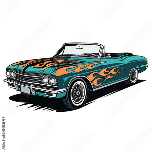 Obraz A vibrant illustration of a classic 1960s convertible's side profile, showcasing flames along its body and a stylized logo.