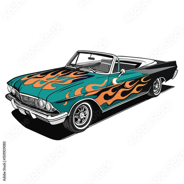 Obraz A striking side view illustration of a 1960s convertible, featuring vibrant flames along its side and a prominent logo.  High detail, sharp focus.