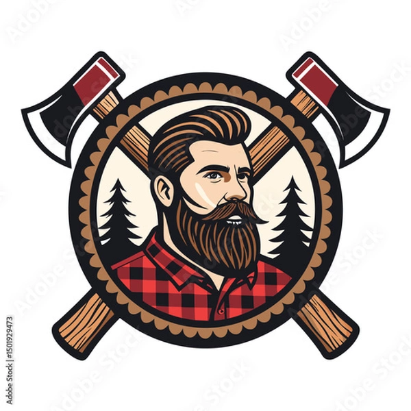 Obraz A close-up portrait of a bearded lumberjack's face, encircled by a round emblem featuring an axe.  The image is sharp and detailed, emphasizing the man's rugged features.