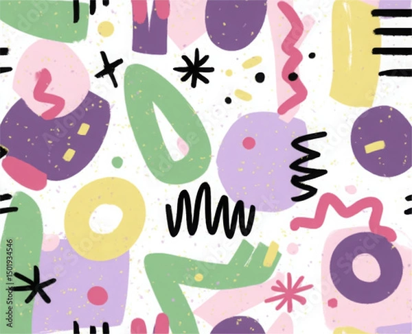 Fototapeta Seamless abstract doodle pattern with modern style, featuring colored shapes, scribbles, splashes, and dots. Repeating flat vector texture ideal for fabric, textile, or wallpaper background design.

