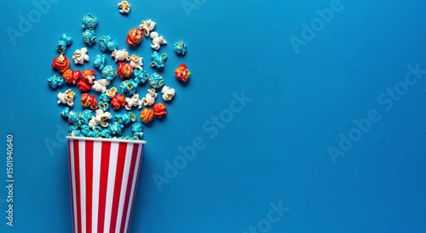 Fototapeta Top Down View of  Popcorn Colored in Red White and Blue Colors Scattered on Empty Clean Surface With Copy Space