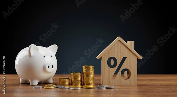 Fototapeta Saving for a home concept showing piggy bank coins and wooden house with percentage sign on table
