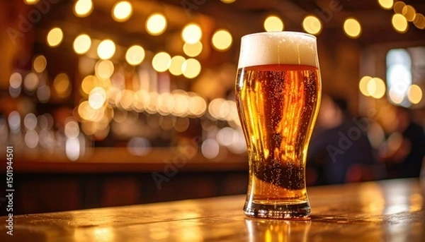 Obraz Refreshing beer glass displayed in cozy bar evening ambiance photography