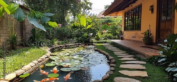 Fototapeta Serene garden pond featuring vibrant koi fish and lush greenery near a house