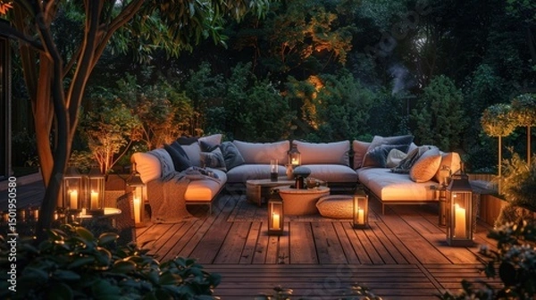 Obraz Luxurious outdoor lounge area. Terrace with pergola, rattan furniture and decorative lighting.